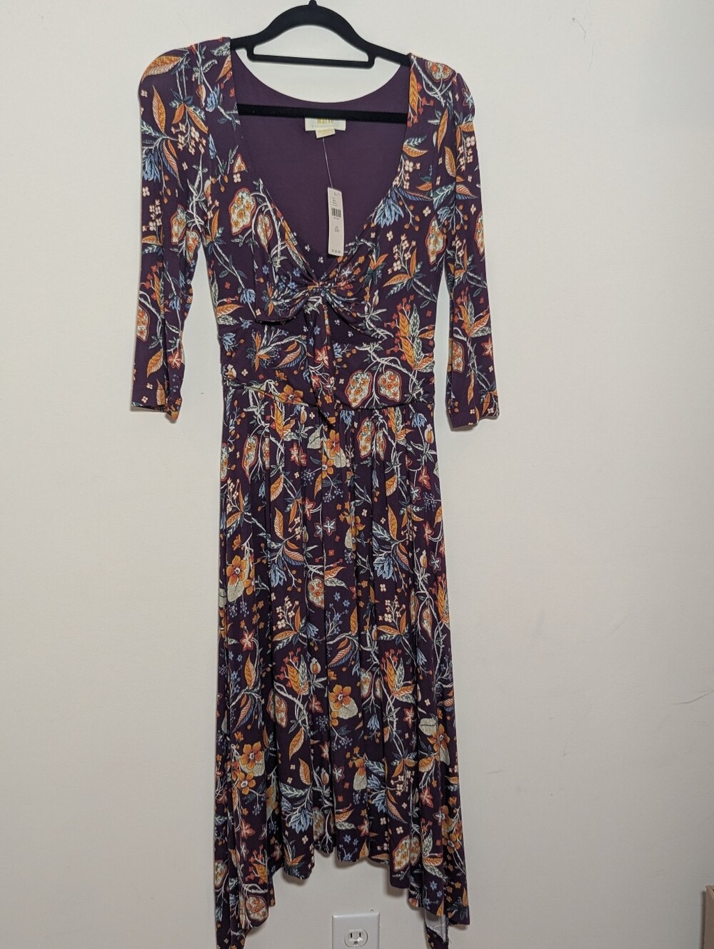 NWT Maeve Anthropologie Floral Twist Front Handkerchief Hem Dress Purple XXS